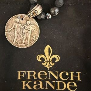 French Kande Black Onyx Austrian Crystal Necklace with Republic medallion